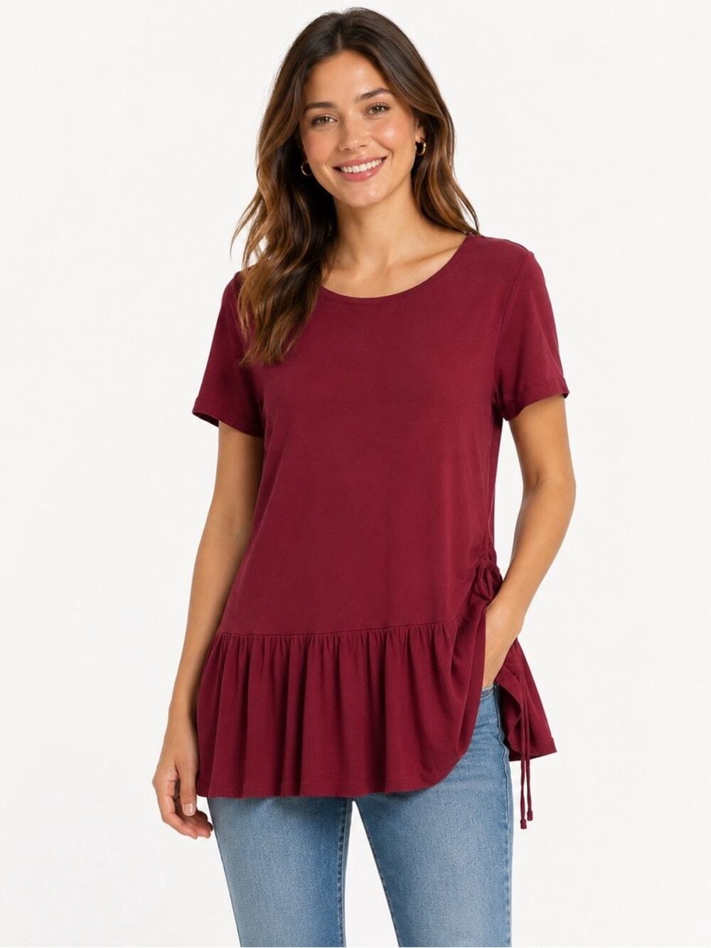 J Crew Women's Black Label Gathered T-Shirt Top Short Sleeve Long Line Red sz S